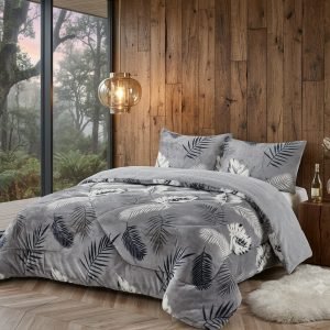 Cubrecama Plush Chiporro 2 Plazas Hojas Gris y Blanco + 2 Fundas (230 x 250 cm)