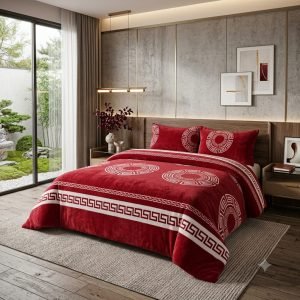 Cubrecama Plush Chiporro 2 Plazas Griego Rojo y Blanco + 2 Fundas (230 x 250 cm)