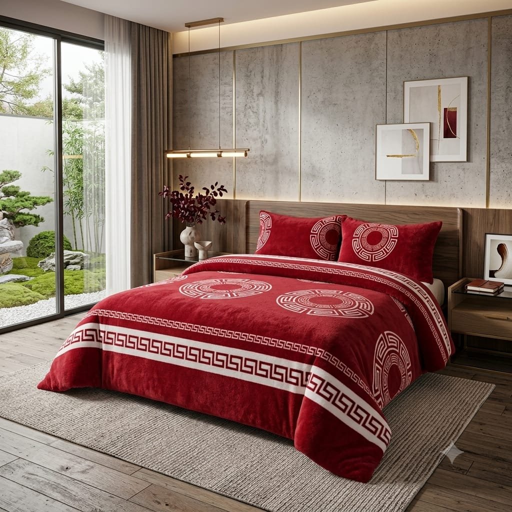 Cubrecama Plush Chiporro 2 Plazas Griego Rojo y Blanco + 2 Fundas (230 x 250 cm)