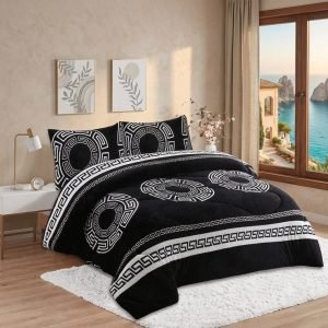 Cubrecama Plush Chiporro 2 Plazas Griego Negro y Blanco + 2 Fundas (230 x 250 cm)