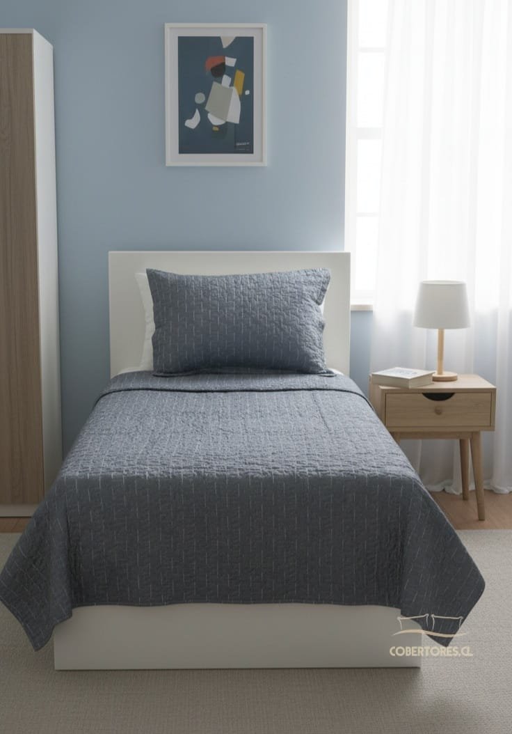 cubrecama quilt verano plaza y media gris con lineas