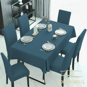 set comedor 7 piezas mantel + 6 fundas de silla Azul petroleo