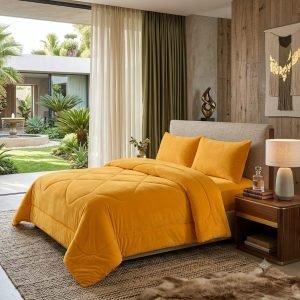 Cubrecama Plush Chiporro 2 Plazas Mostaza Térmico + 2 Fundas (230 x 250 cm)