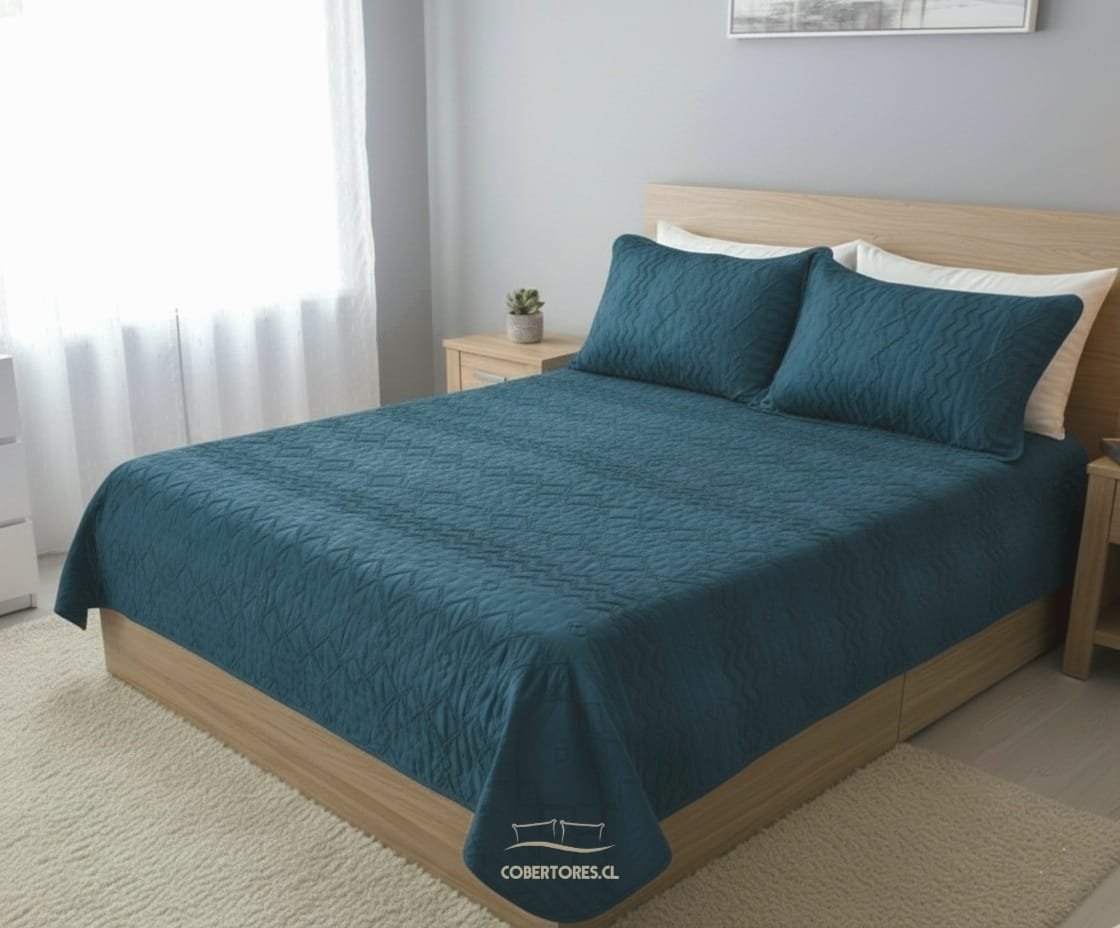 Colcha tufting quilt dos plazas azul petroleo