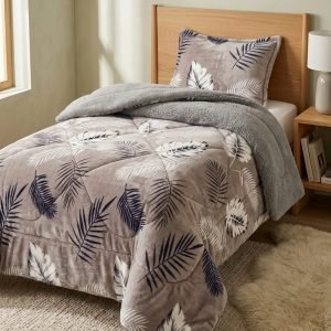 Cubrecama Plush con Chiporro Hojas Botánicas Gris 1.5 Plazas