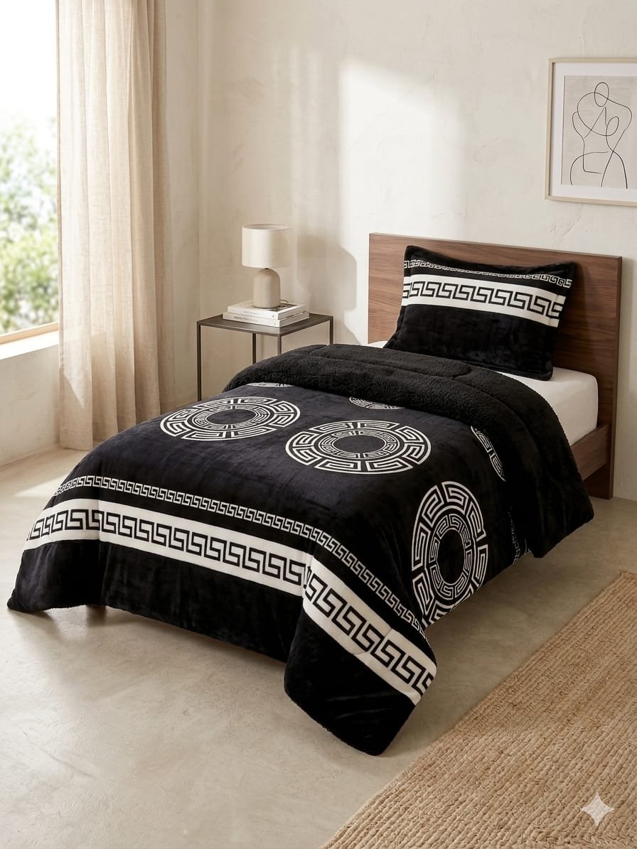 Cubrecama Plush con Chiporro Negro Diseño Griego 1.5 Plazas